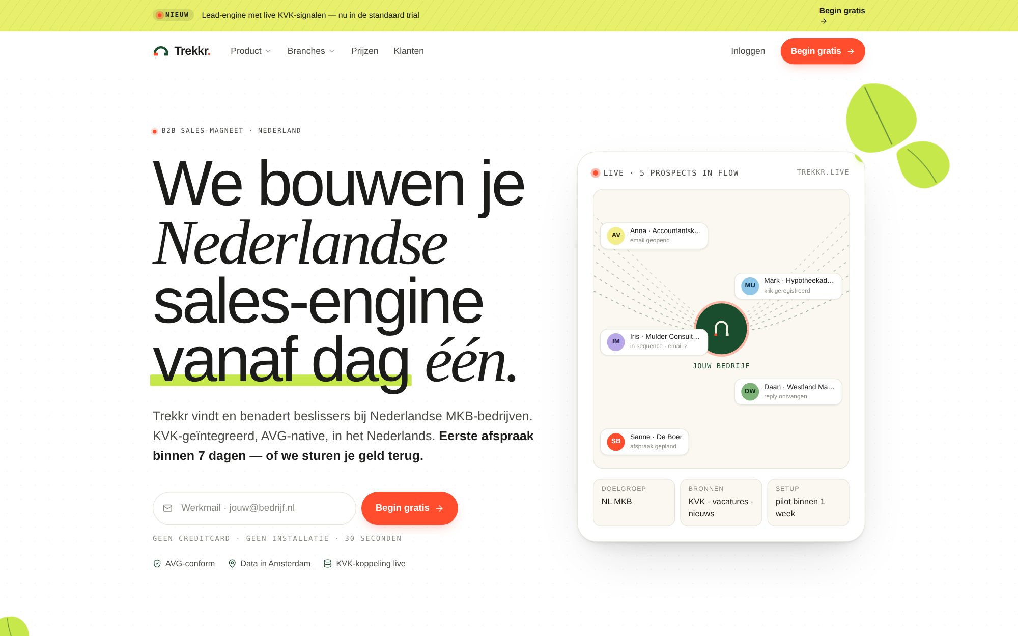 Homepage van Trekkr — Nederlandse B2B sales-engine met live KVK-signalen, AI-personalisatie en outreach-dashboard